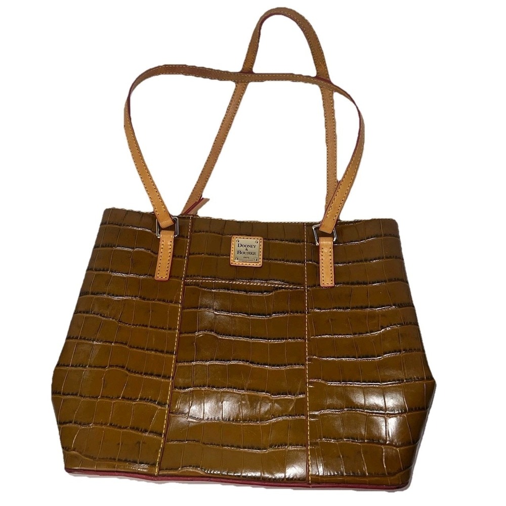 Dooney and Bourke Brown Alligator Embossed Leather Tote Handbag Red Lining